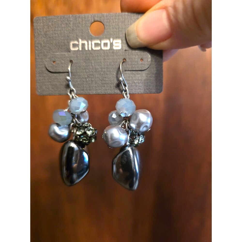Chico's Silver Tone Cluster Dangle Earrings Faux Pearl & Bead Accent